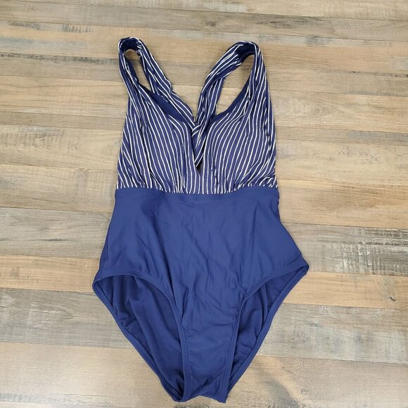 Sea Angel One Piece V Neck Navy White Striped One Piece Women's Size Medium - Picture 8 of 9